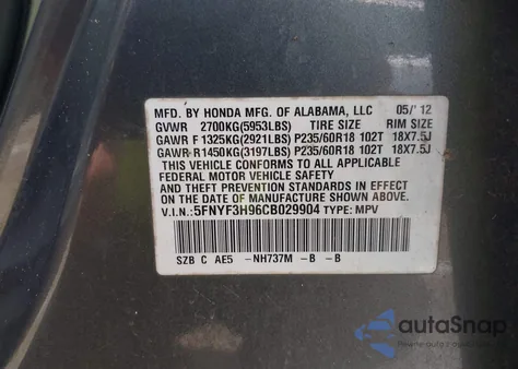 2012 Honda Pilot Touring z USA, uszkodzony, nr VIN 5FNYF3H96CB029904